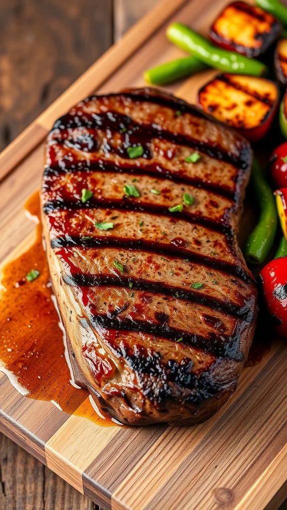 Juicy Grilled Sirloin Steak Recipe Juicy grilled sirloin steak on a cutting board with herbs and grilled vegetables.